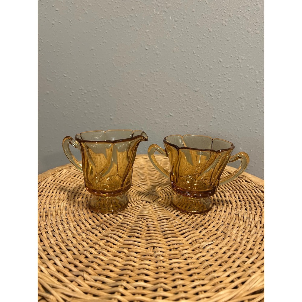 Fostoria Jamestown Amber Scalloped Swirled Glass Creamer & Sugar Bowl